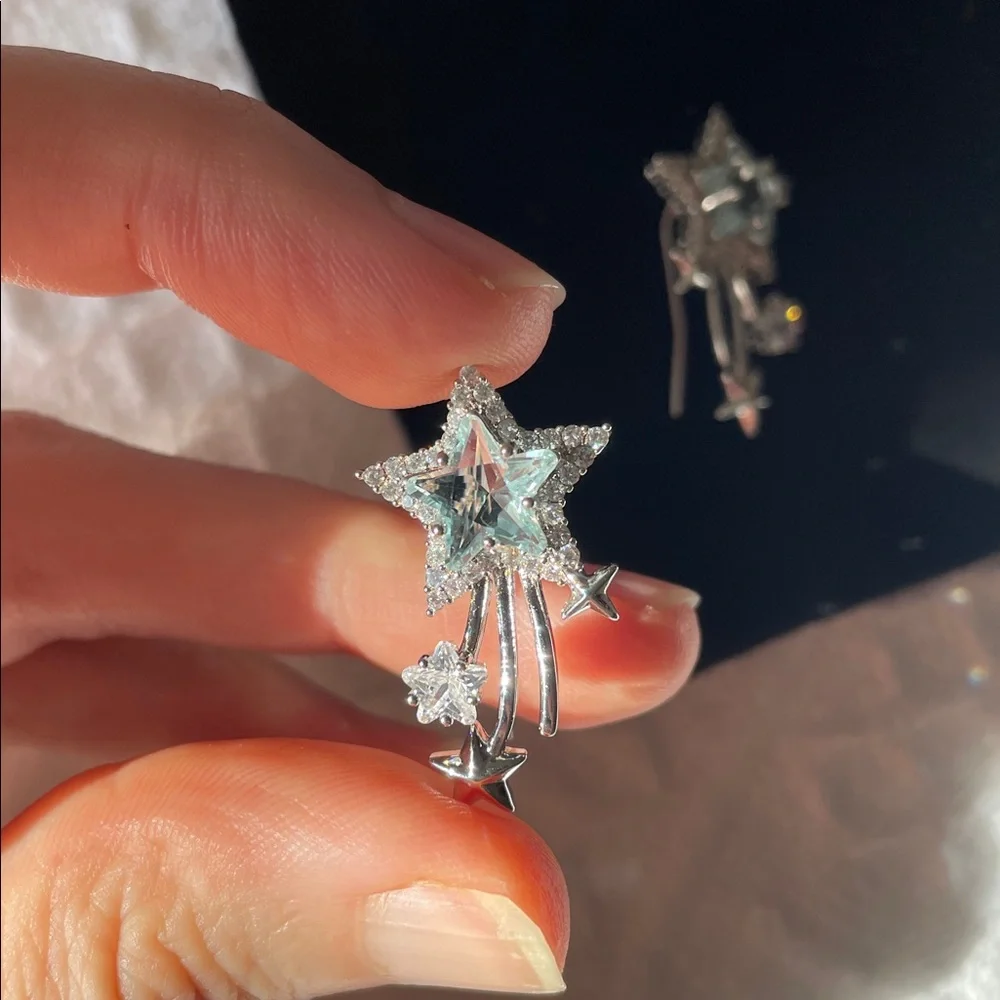 Zirconia Star Silver Starburst Earrings Crystal blue topaz